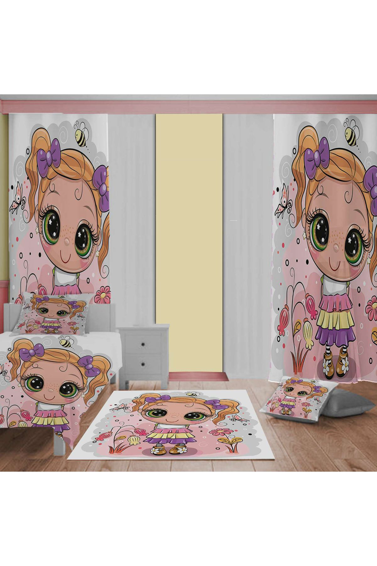 Evan Home Set Takım Çocuk Odası Perde (İki Kanat),Yatak Örtüsü,Yastık,Kırlent ,Halı