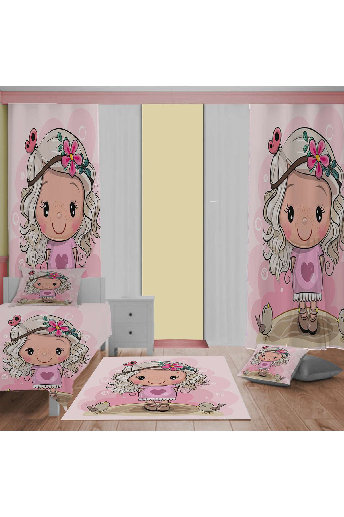Evan Home Set Takım Çocuk Odası Perde (İki Kanat),Yatak Örtüsü,Yastık,Kırlent ,Halı