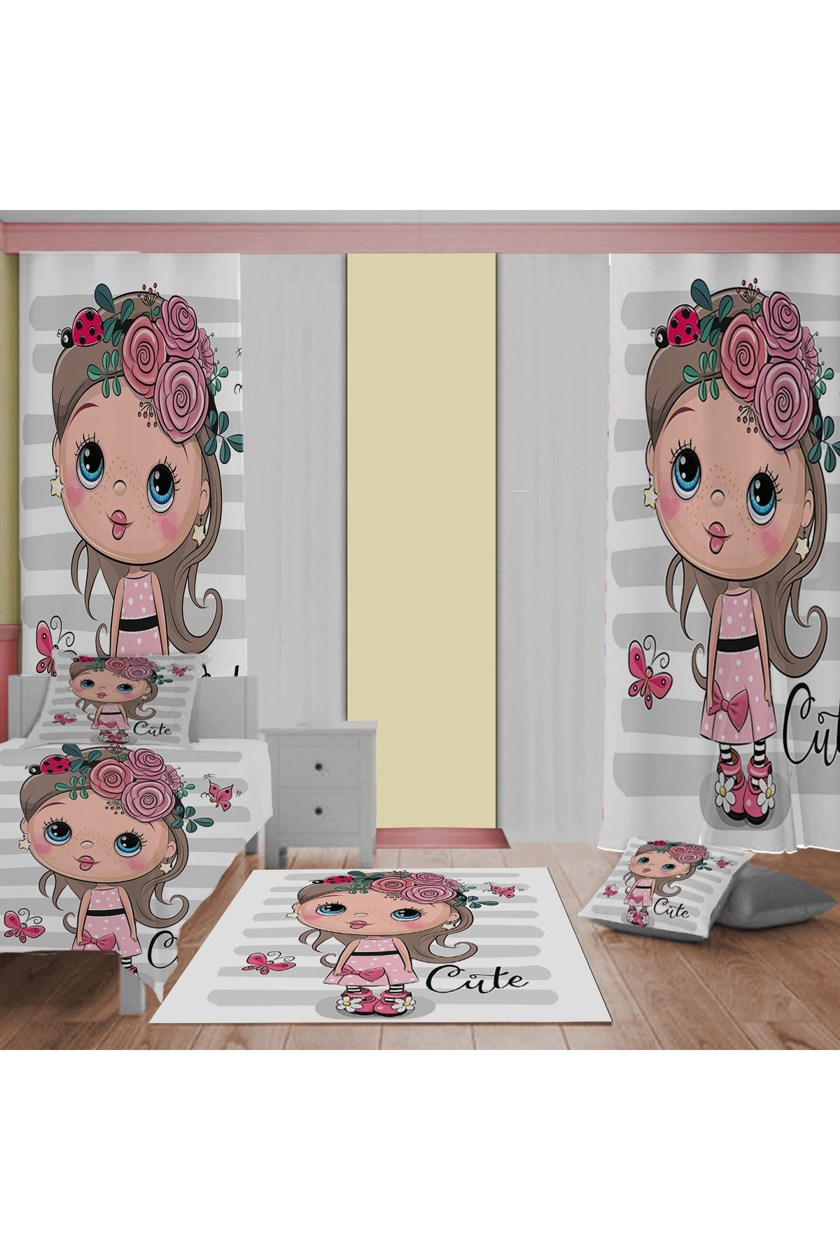 Evan Home Set Takım Çocuk Odası Perde (İki Kanat),Yatak Örtüsü,Yastık,Kırlent ,Halı