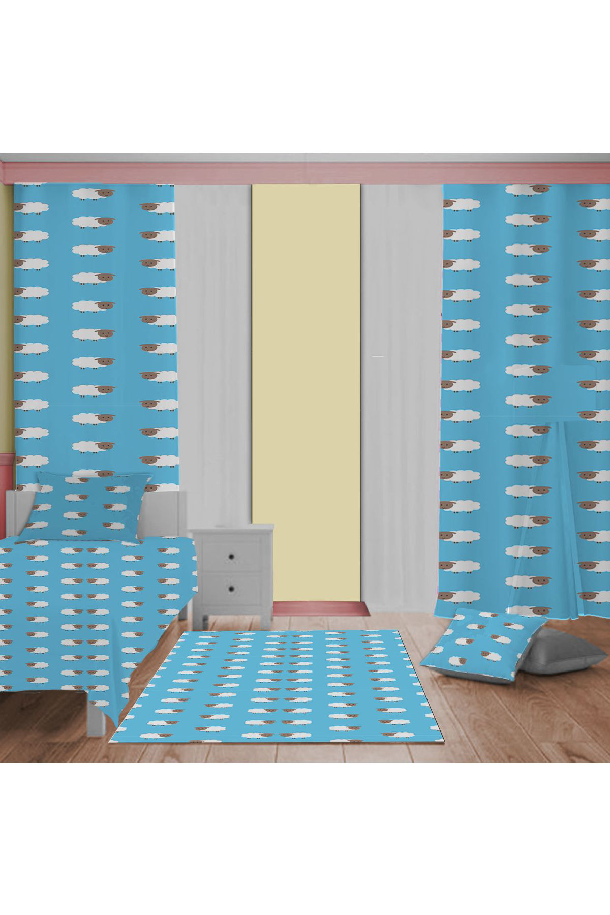 Evan Home Set Tekam Çocuk Odasi Takim Perde (İki Kanat),Yatak Örtüsü,Yastik,Kirlent ,Hali,