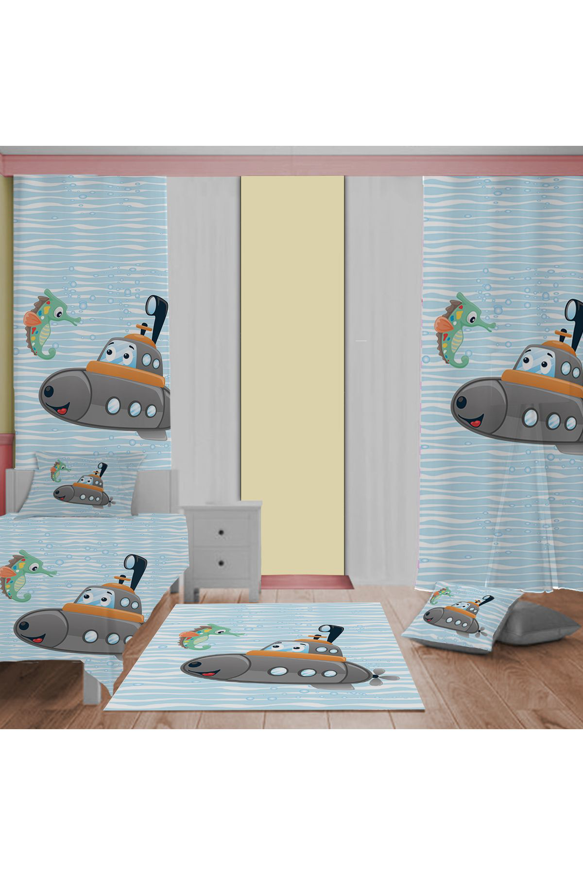 Evan Home Set Tekam Çocuk Odası Takım Perde (İki Kanat),Yatak Örtüsü,Yastık,Kırlent ,Halı,