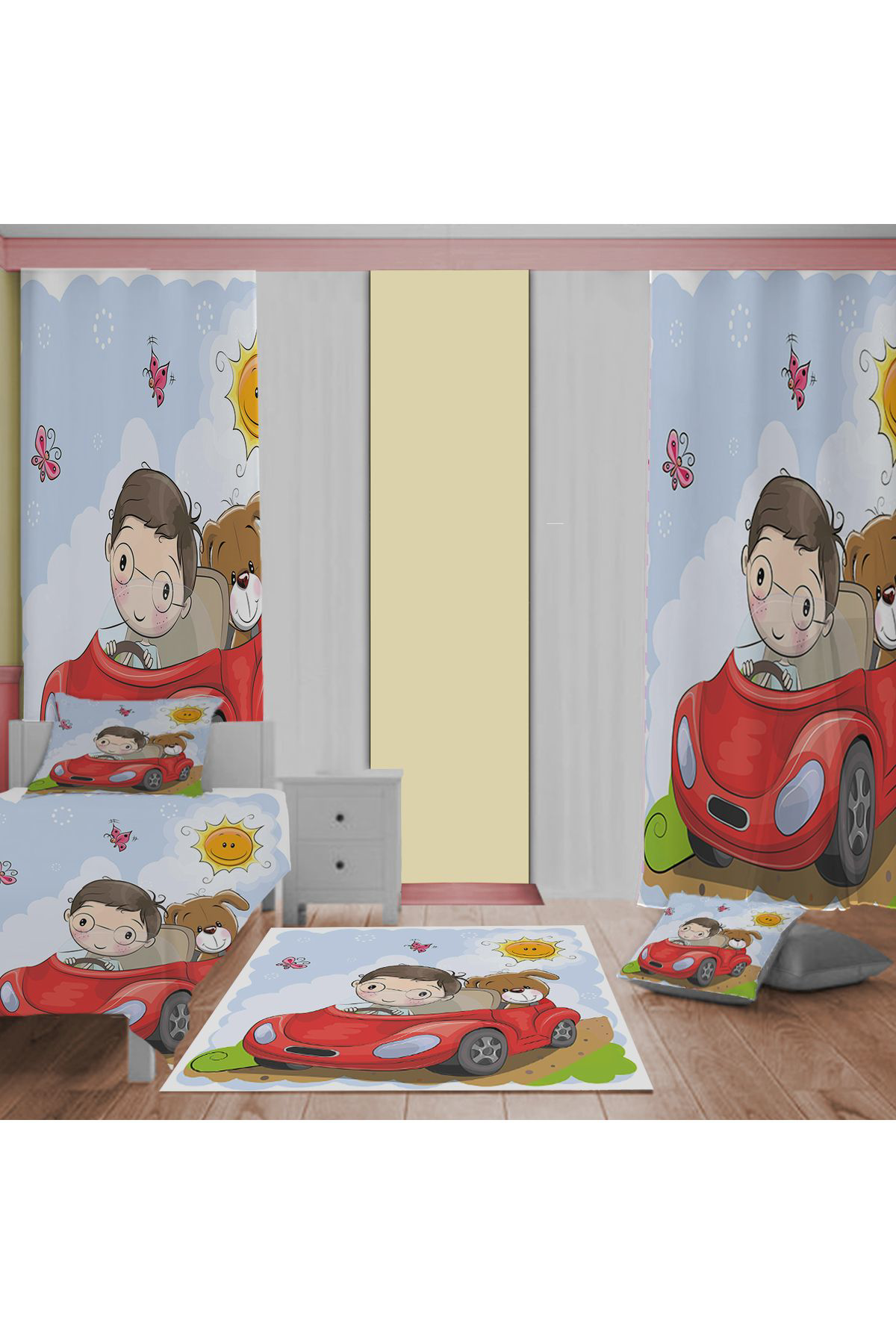 Evan Home Set Tekam Çocuk Odası Takım Perde (İki Kanat),Yatak Örtüsü,Yastık,Kırlent ,Halı,