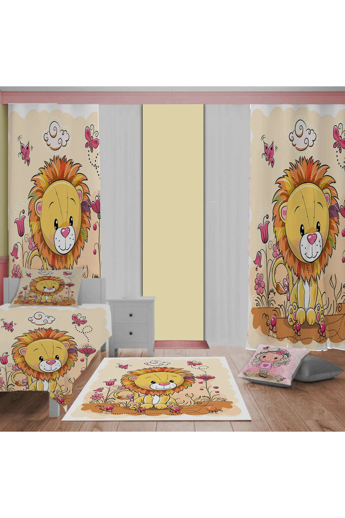 Evan Home Set Tekam Çocuk Odası Takım Perde (İki Kanat),Yatak Örtüsü,Yastık,Kırlent ,Halı,