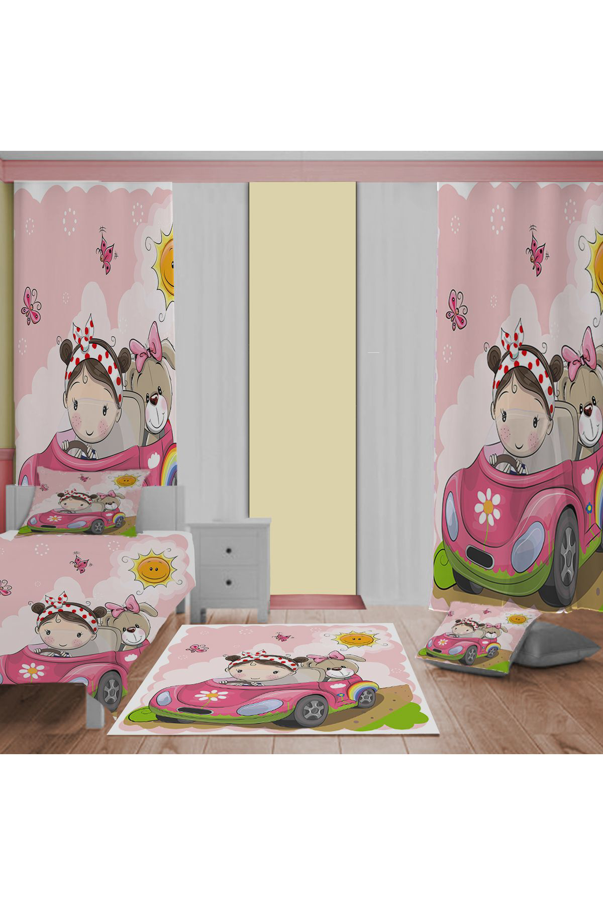 Evan Home Set Tekam Çocuk Odası Takım Perde (İki Kanat),Yatak Örtüsü,Yastık,Kırlent ,Halı,