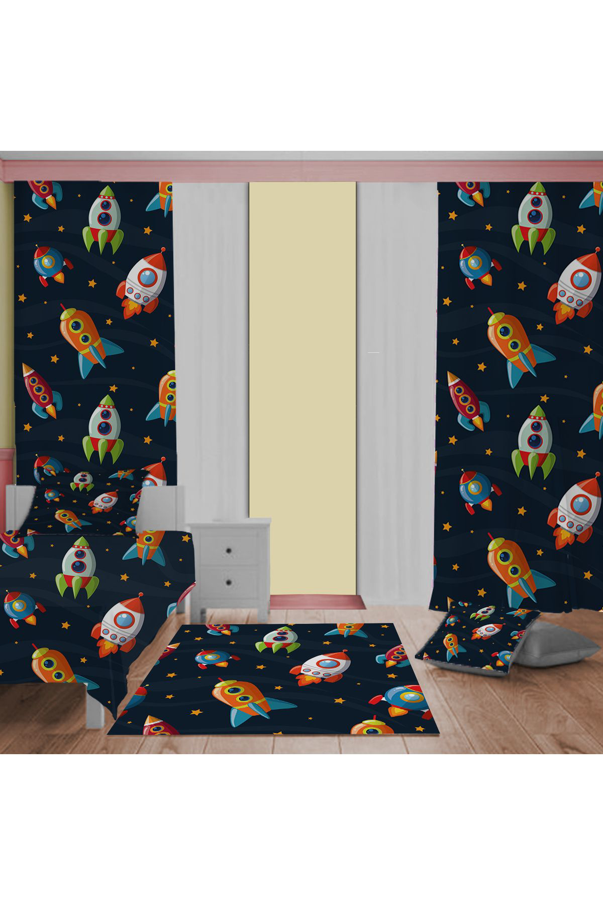 Evan Home Set Tekam Çocuk Odası Takım Perde (İki Kanat),Yatak Örtüsü,Yastık,Kırlent ,Halı,