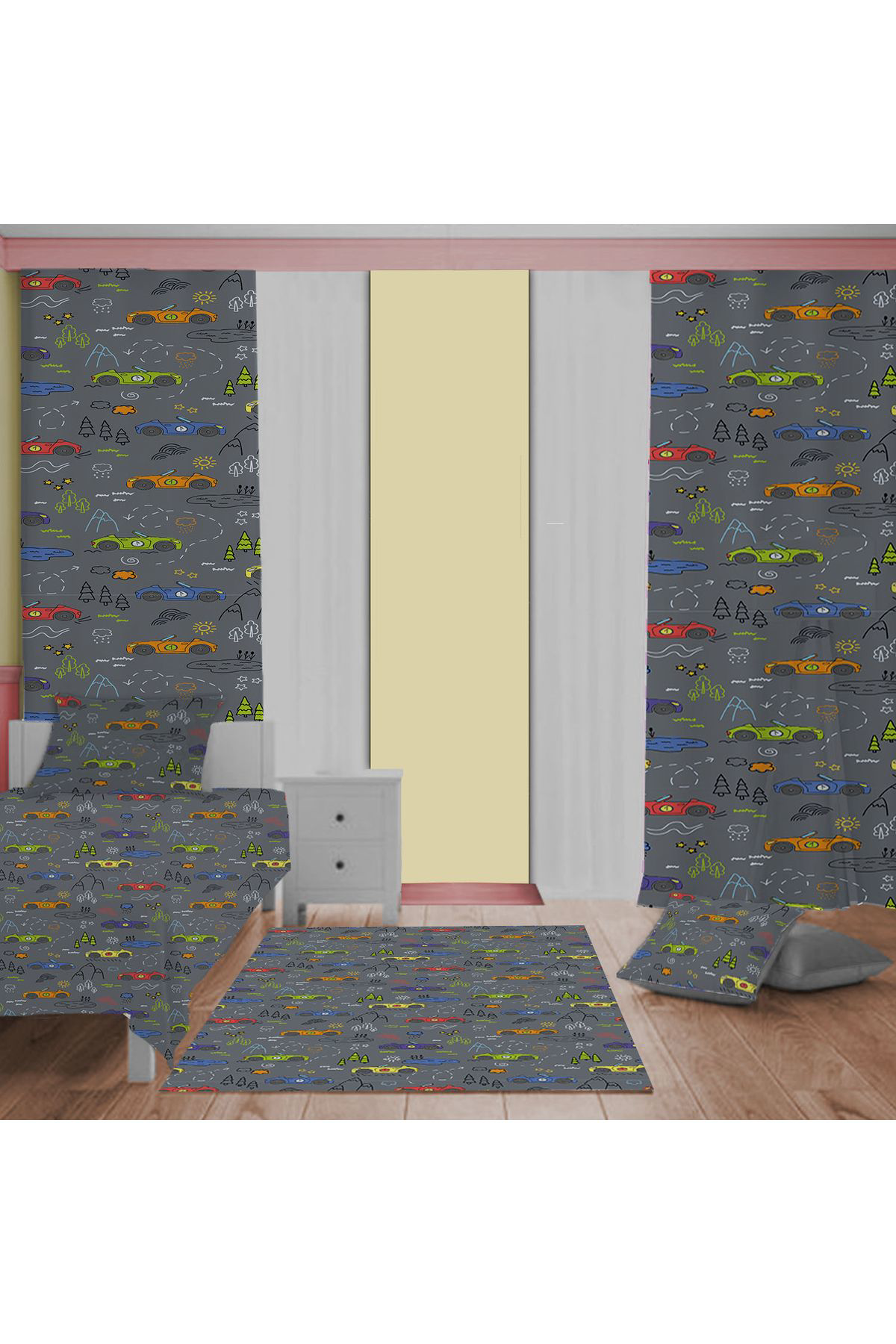 Evan Home Set Tekam Çocuk Odası Takım Perde (İki Kanat),Yatak Örtüsü,Yastık,Kırlent ,Halı,