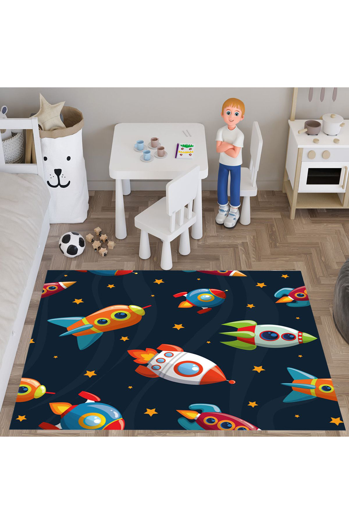 Evan Home Set Tekam Çocuk Odası Takım Perde (İki Kanat),Yatak Örtüsü,Yastık,Kırlent ,Halı,