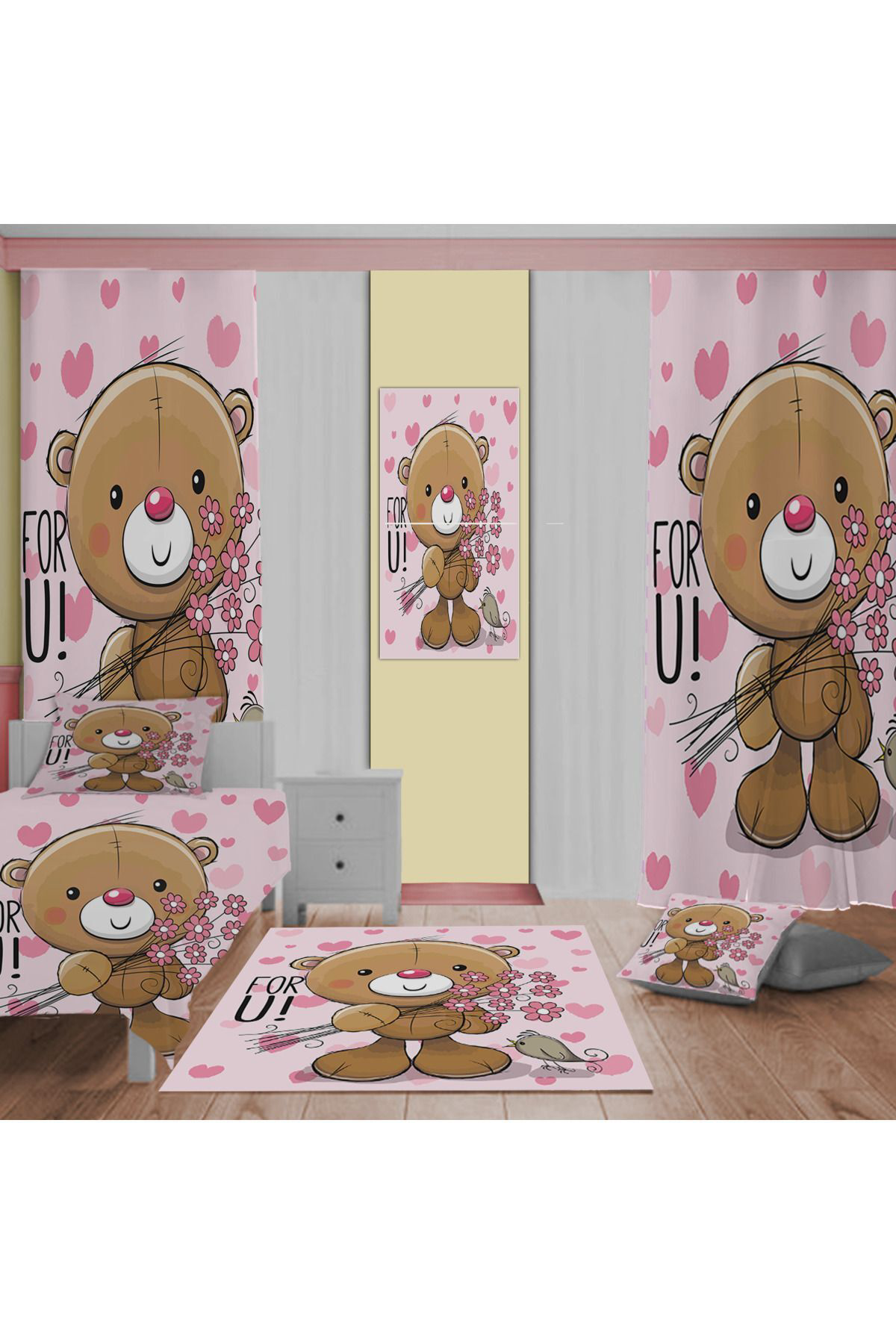 Evan Home Set Tekam Çocuk Odası Takım Perde (İki Kanat),Yatak Örtüsü,Yastık,Kırlent ,Halı,Tablo