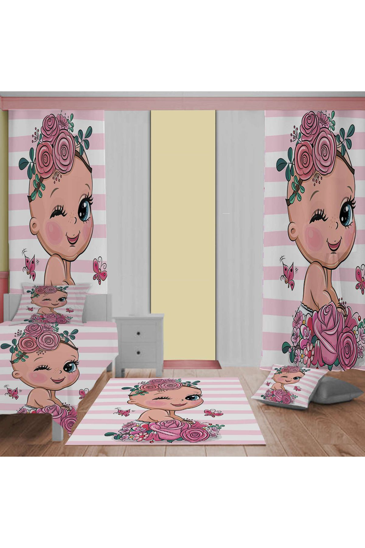 Evan Home Set Tekam Çocukodası Takım Perde (İki Kanat),Yatak Örtüsü,Yastık,Kırlent ,Halı,