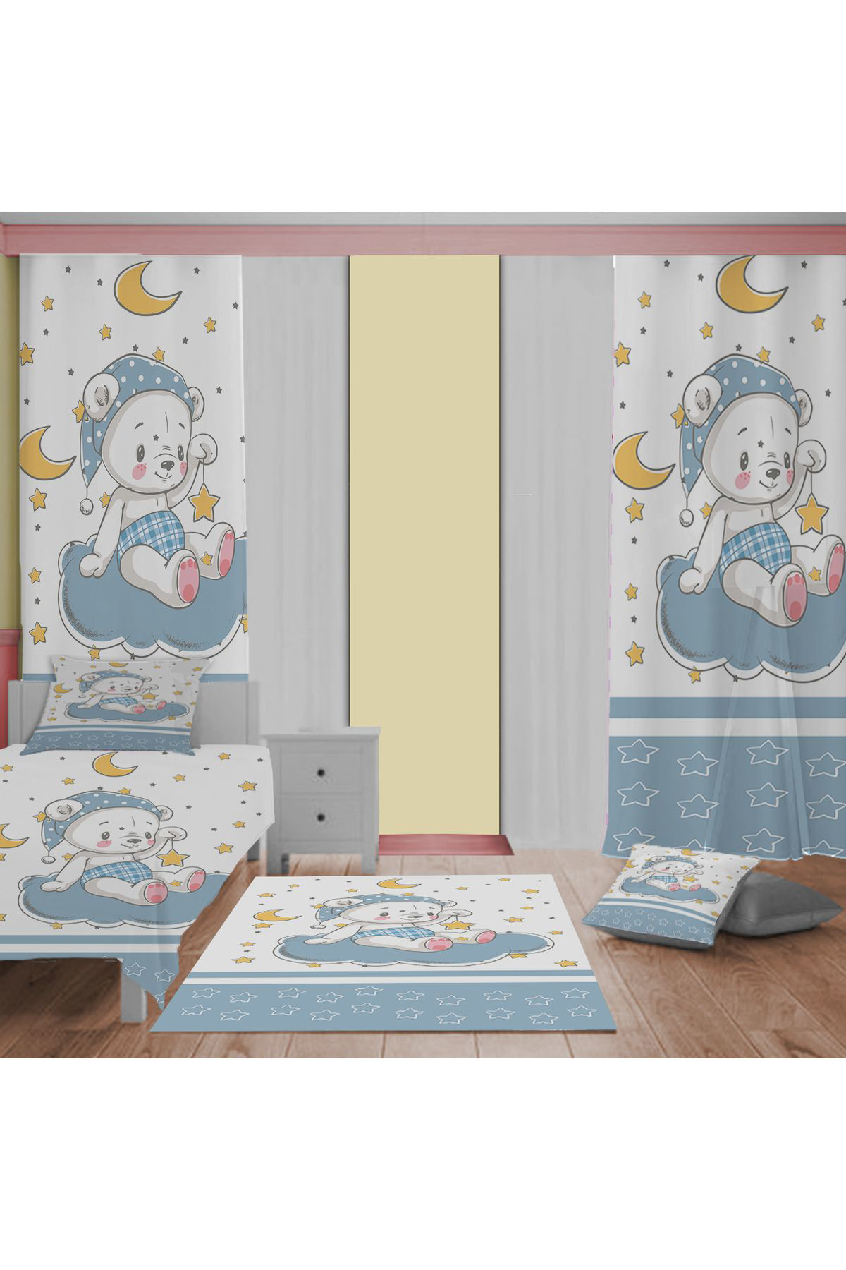 Evan Home Set Tekam Çocuk Odası Takım Perde (İki Kanat),Yatak Örtüsü,Yastık,Kırlent ,Halı,