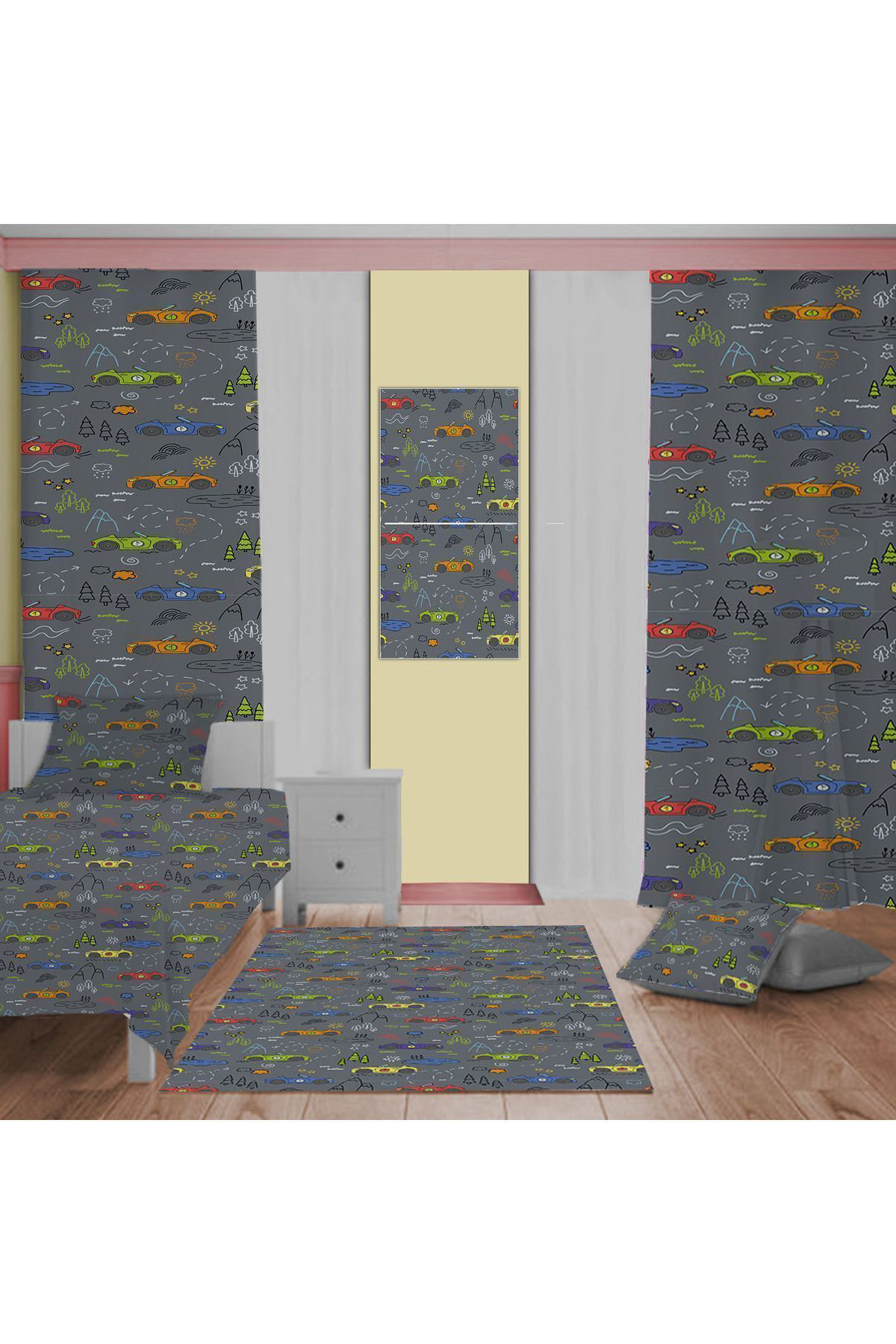 Evan Home Set Tekam Çocuk Odası Takım Perde (İki Kanat),Yatak Örtüsü,Yastık,Kırlent ,Halı,Tablo