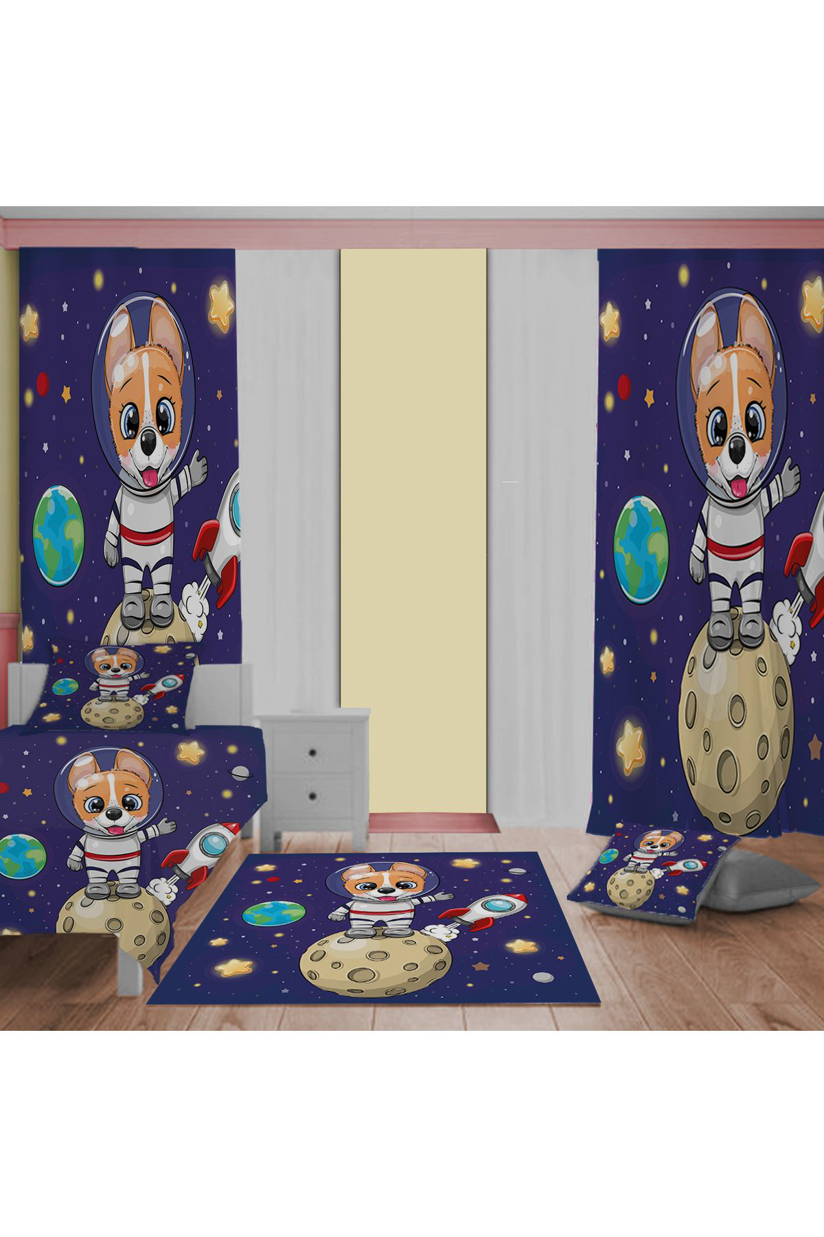 Evan Home Set Tekam Çocuk Odası Takım Perde (İki Kanat),Yatak Örtüsü,Yastık,Kırlent ,Halı,