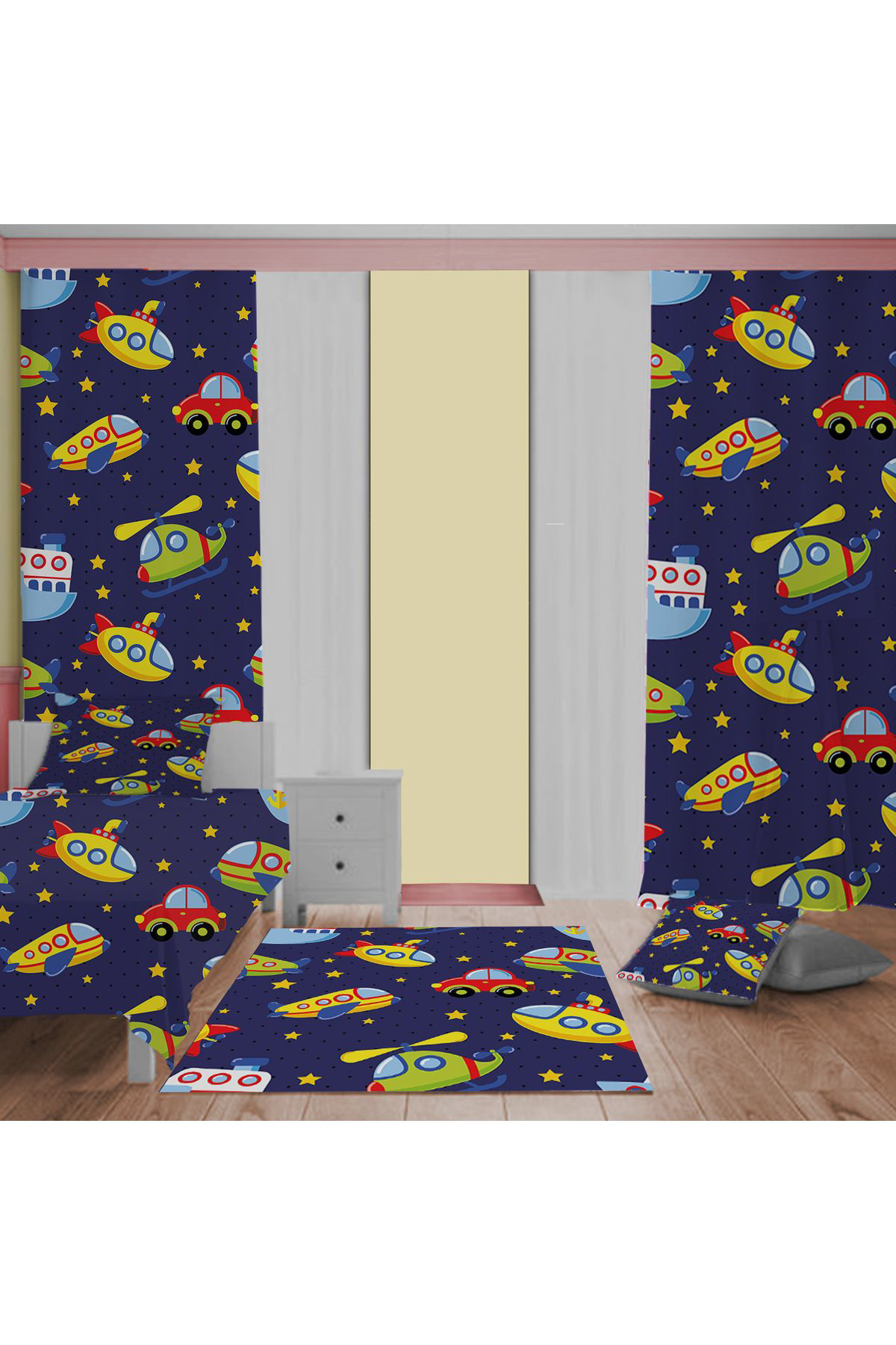 Evan Home Set Tekam Çocuk Odası Takım Perde (İki Kanat),Yatak Örtüsü,Yastık,Kırlent ,Halı,