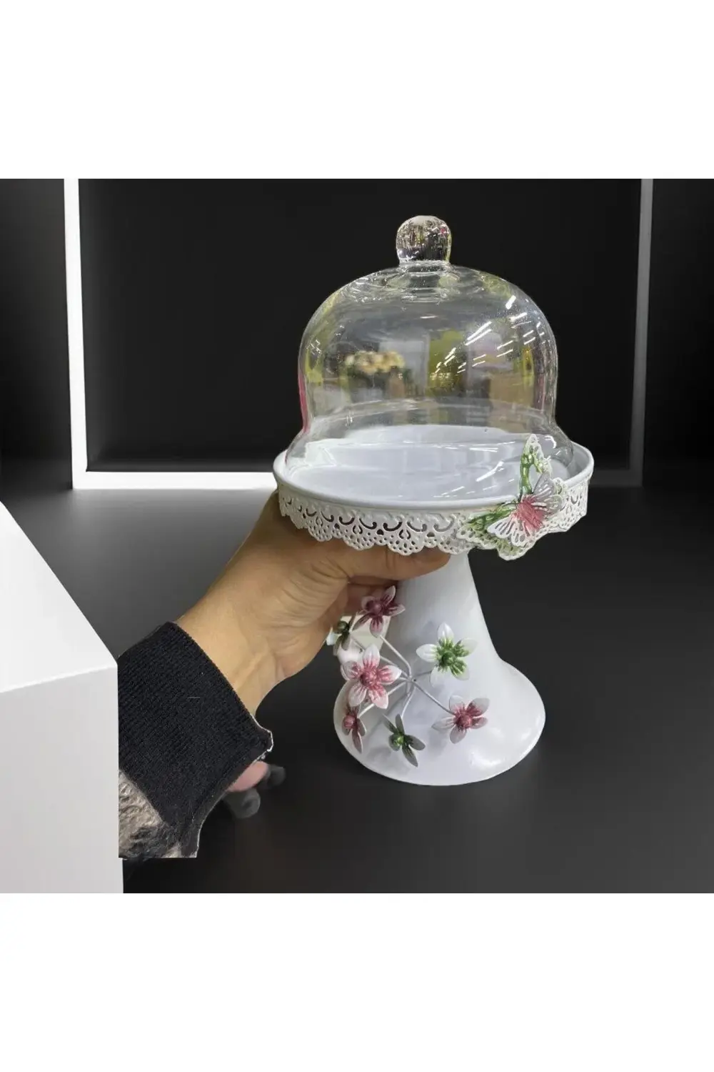 Seta Ferforje Flower Ayaklı Sunum Fanus 15x25 CM