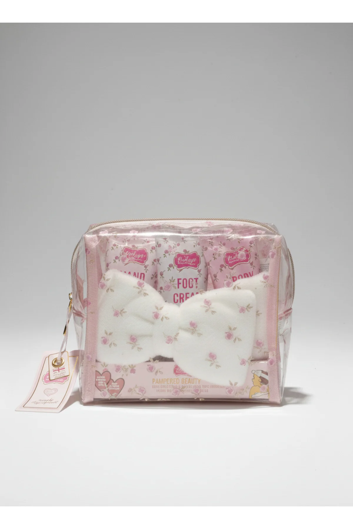 Setli Şeffaf Makyaj Çantası (el, ayak ve vücut kremi, peluş banda