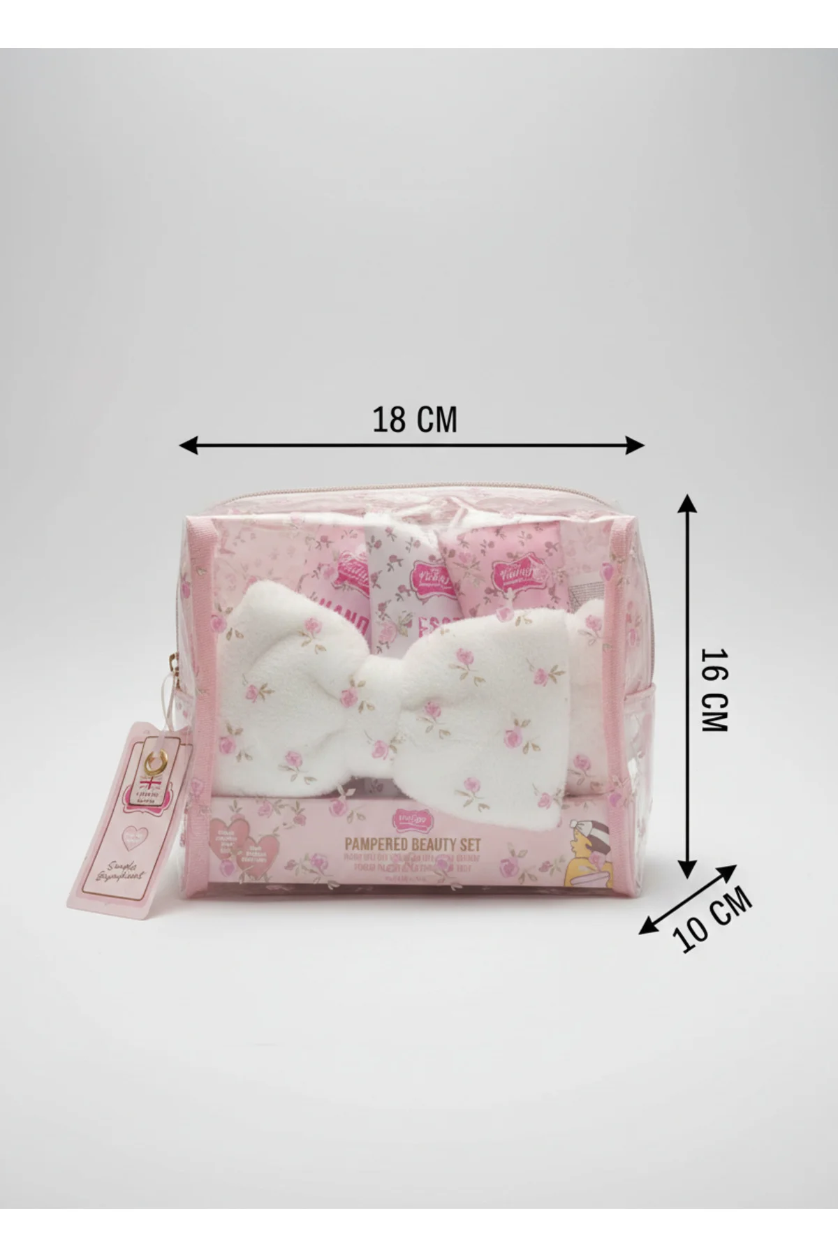 Setli Şeffaf Makyaj Çantası (el, ayak ve vücut kremi, peluş banda