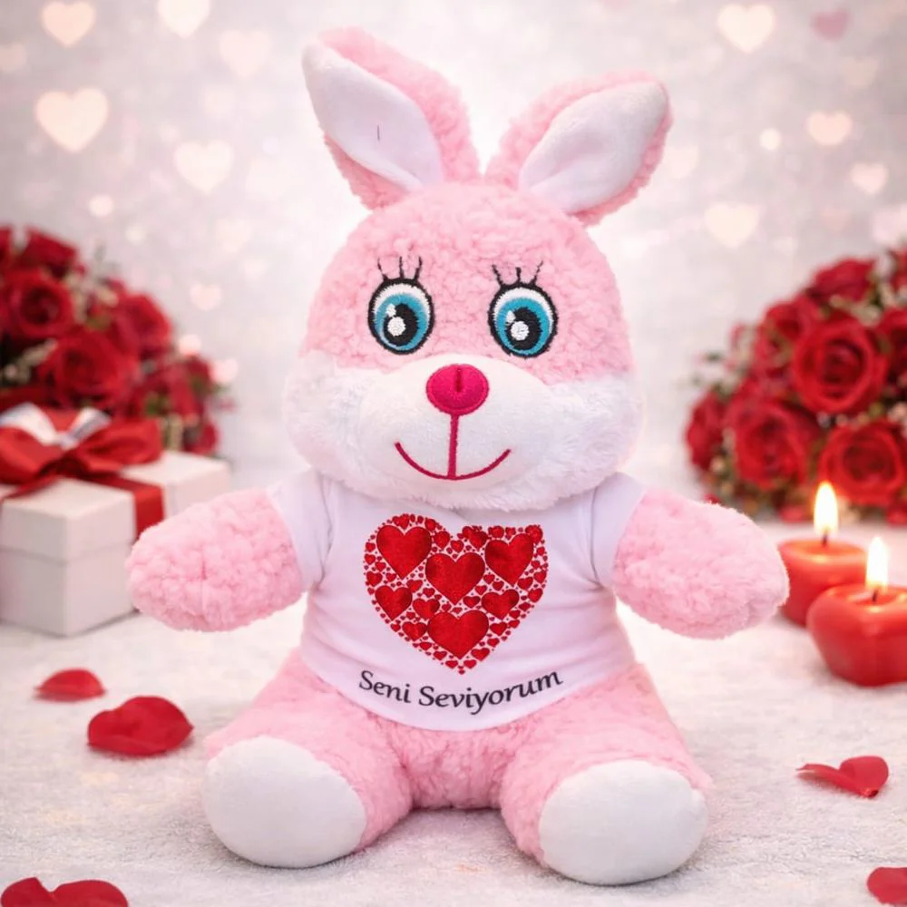 Sevgi Dolu Pembe Peluş Tavşan Tişörtlü Hediye Oyuncak