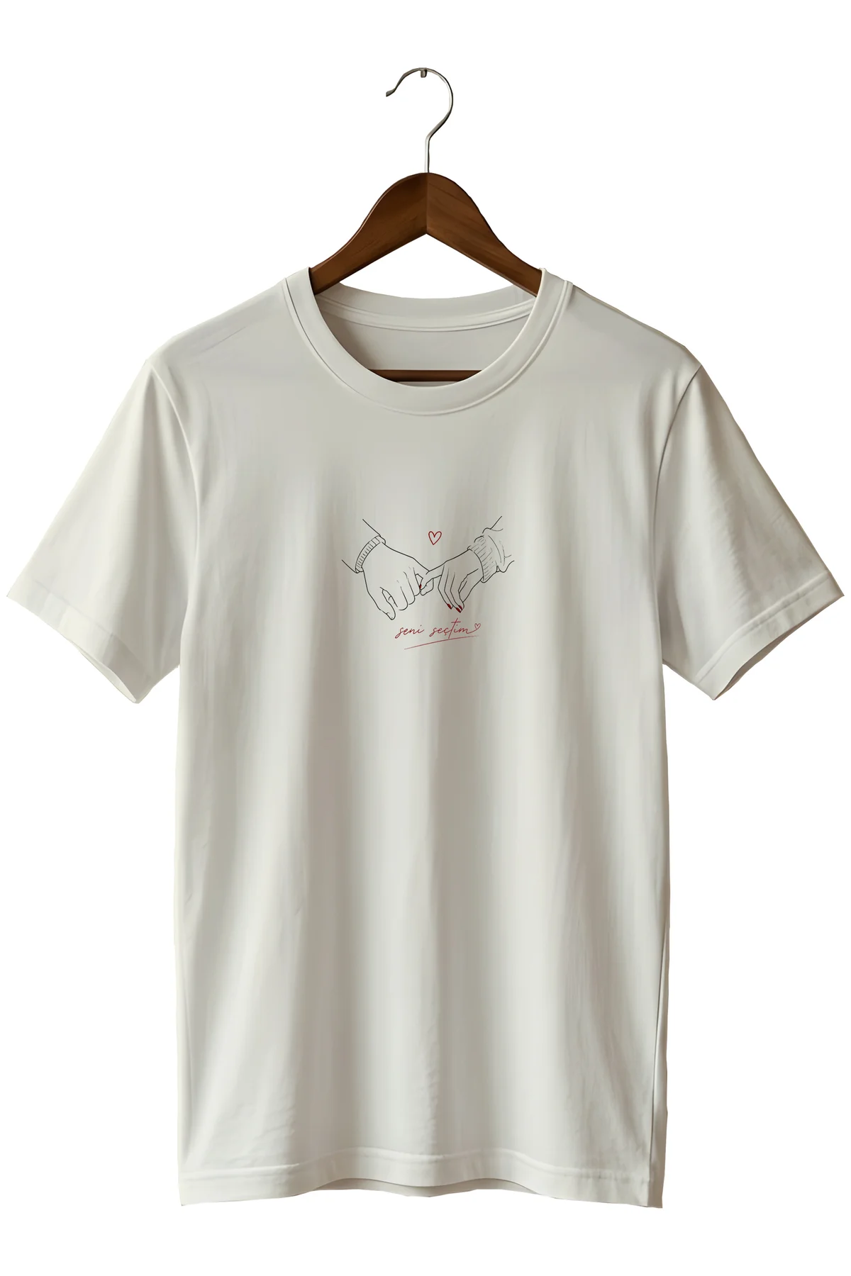 Sevgili Çift El Ele Baskılı Unisex T-Shirt Seni Seçtim Yazılı Pamuklu Bisiklet Yaka Tişört Sevgili Çift El Ele Baskılı Unisex T-Shirt Seni Seçtim Yazılı Pamuklu Bisiklet Yaka Tişört