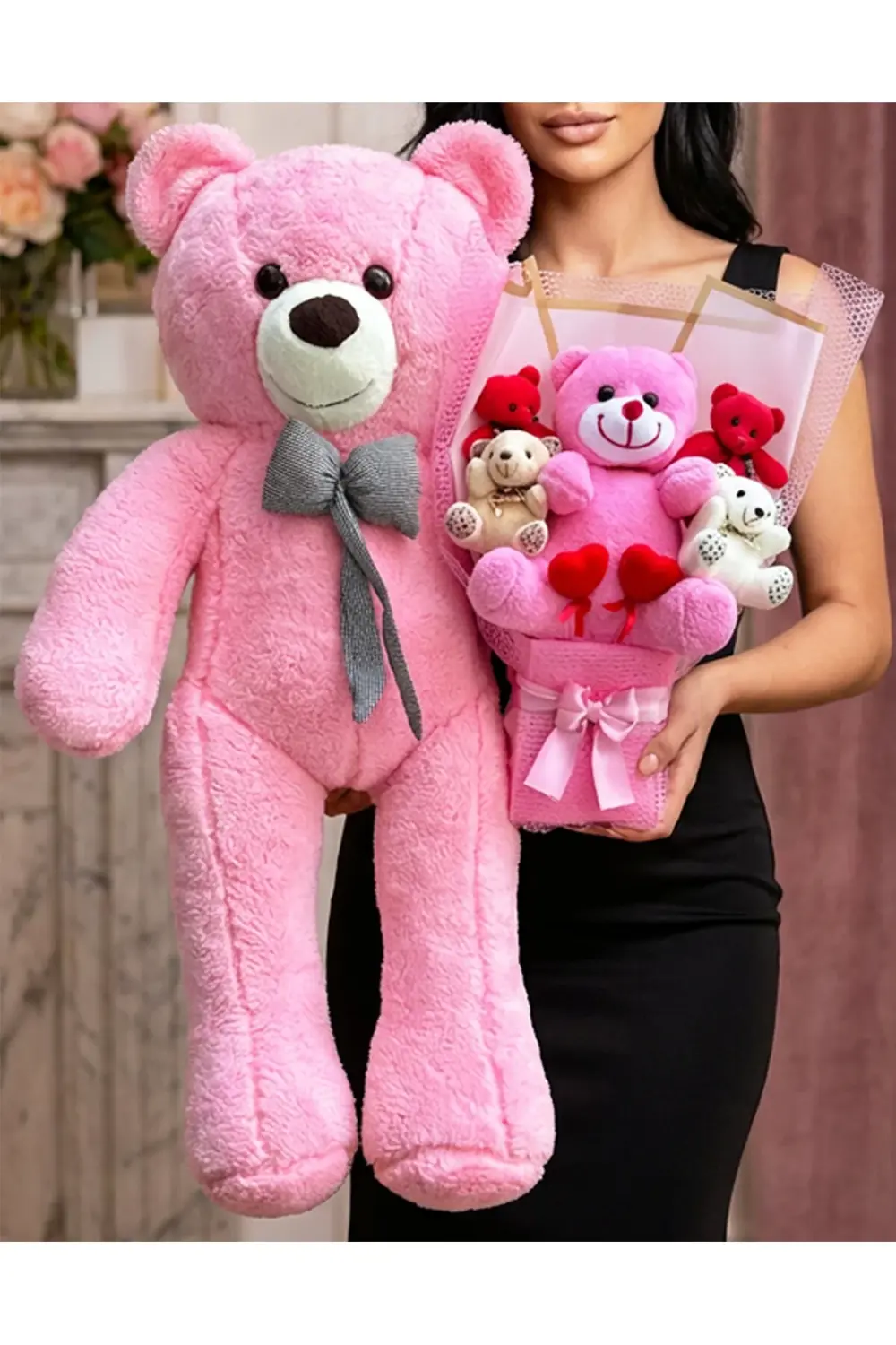 Sevgililer Günü Hediyesi - 90cm Pembe Ayıcık ve Peluş Buket Sevgi