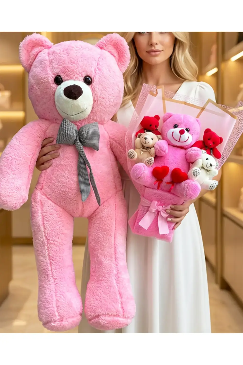 Sevgililer Günü Hediyesi - 90cm Pembe Ayıcık ve Peluş Buket Sevgi