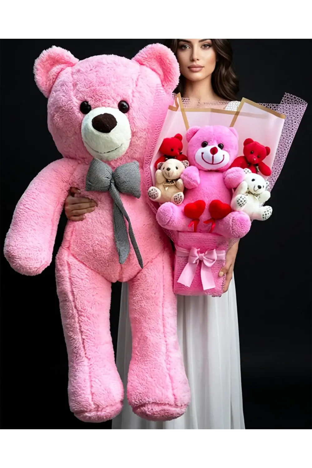 Sevgililer Günü Hediyesi - 90cm Pembe Ayıcık ve Peluş Buket Sevgi