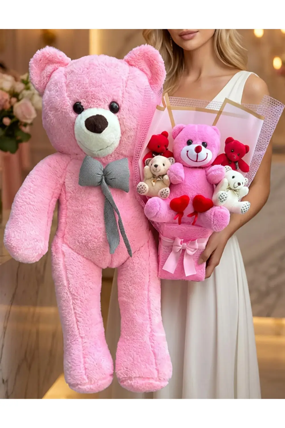 Sevgililer Günü Hediyesi - 90cm Pembe Ayıcık ve Peluş Buket Sevgi