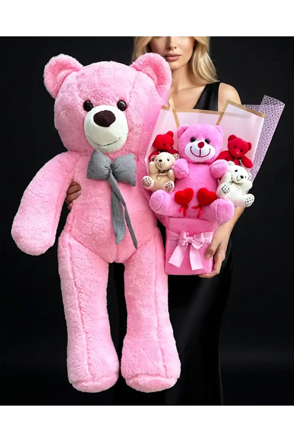Sevgililer Günü Hediyesi - 90cm Pembe Ayıcık ve Peluş Buket Sevgi