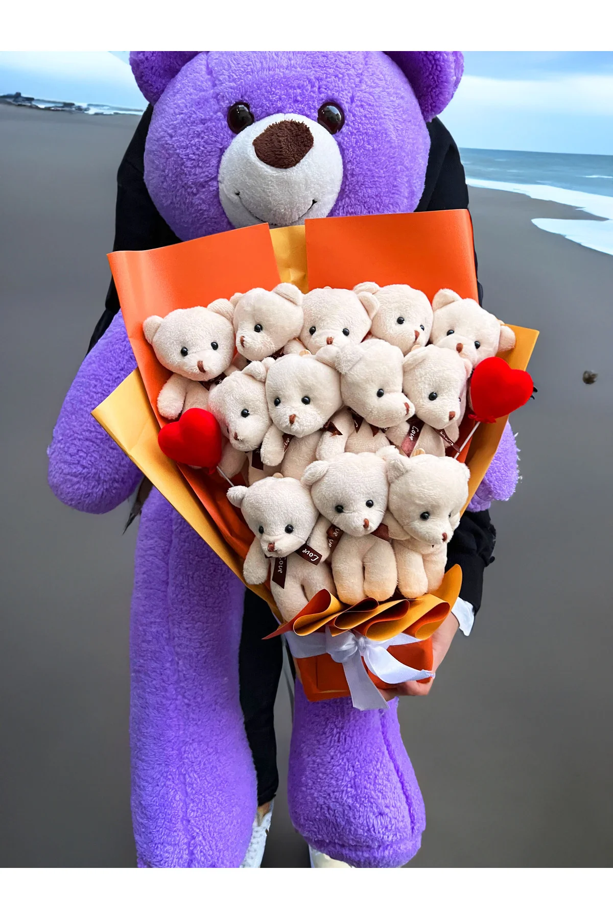 Sevgiliye 90cm Mor Ayıcık ve 12 Ayıcıklı Ayıcık Buketi Peluş Buke