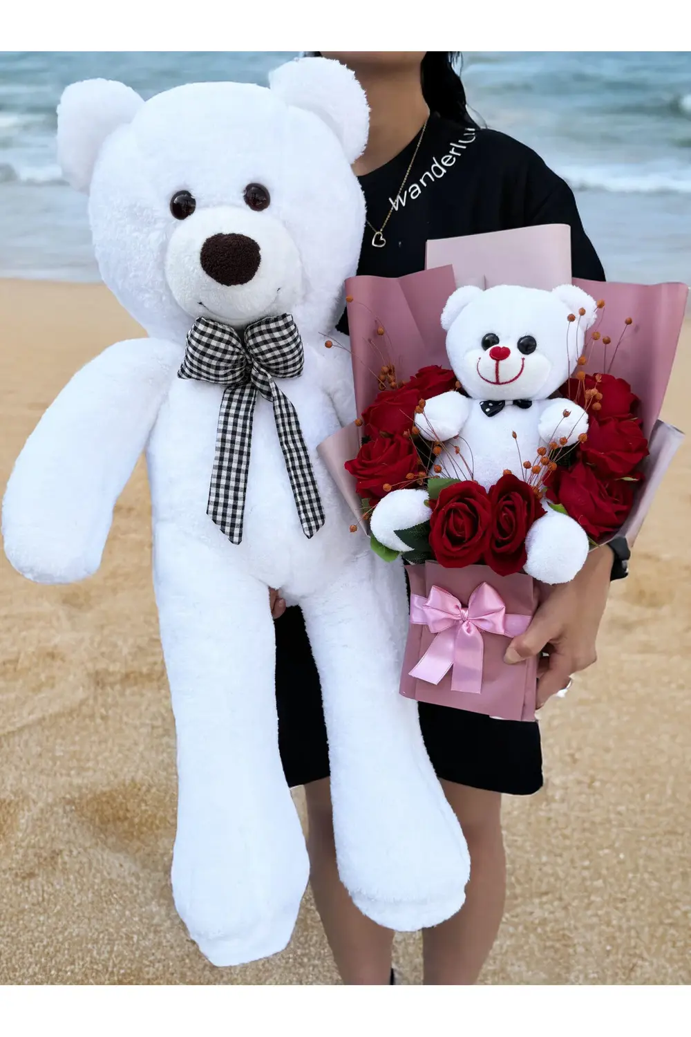 Sevgiliye Cicek - Büyük Beyaz Ayıcık ve Beyaz Ayıcıklı Kırmızı Gü