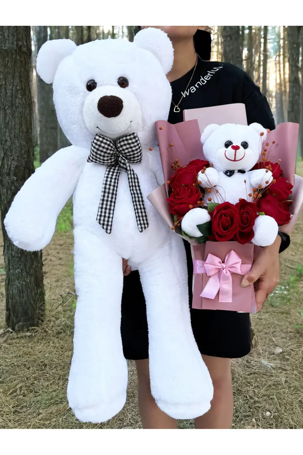 Sevgiliye Cicek - Büyük Beyaz Ayıcık ve Beyaz Ayıcıklı Kırmızı Gü