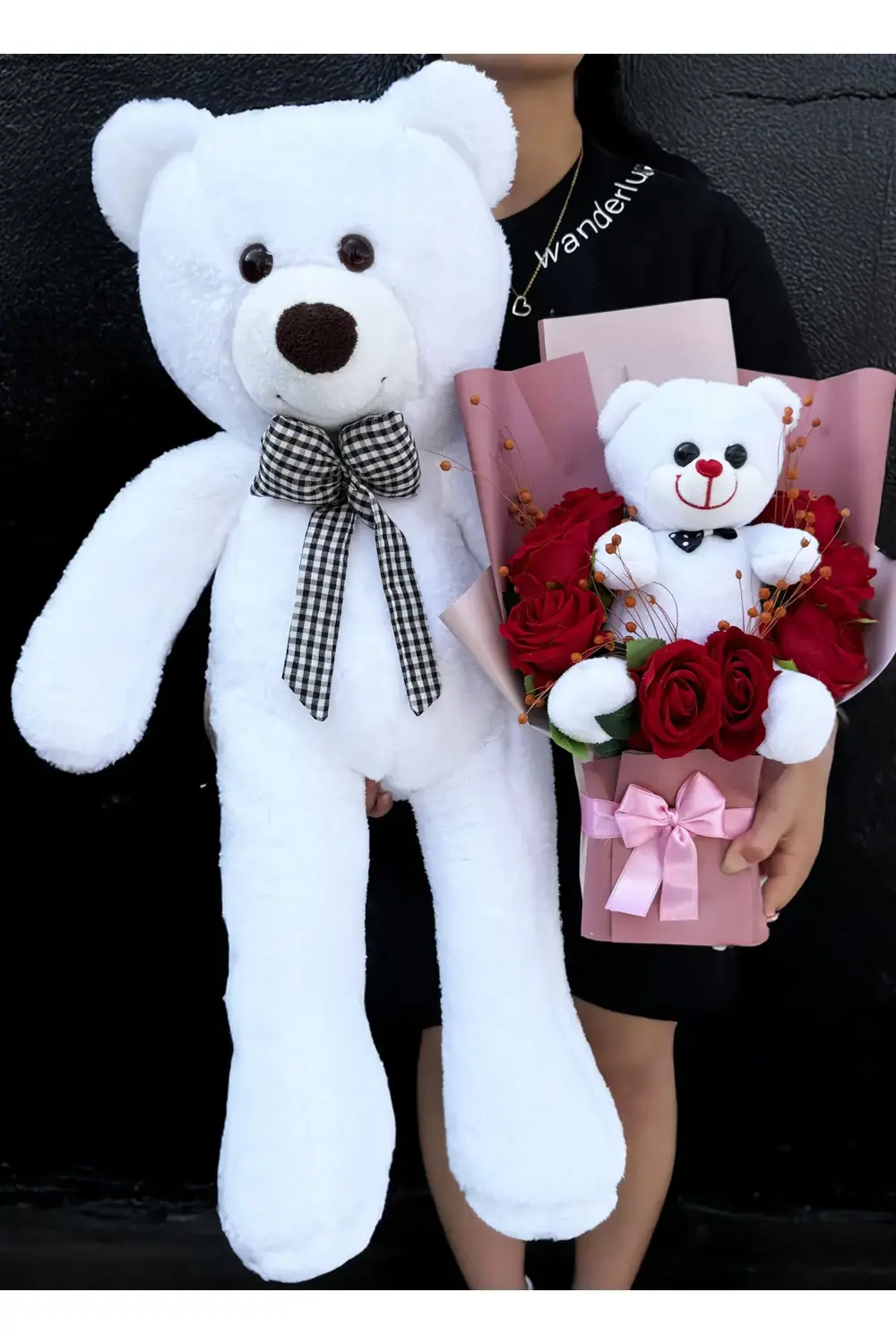 Sevgiliye Cicek - Büyük Beyaz Ayıcık ve Beyaz Ayıcıklı Kırmızı Gü