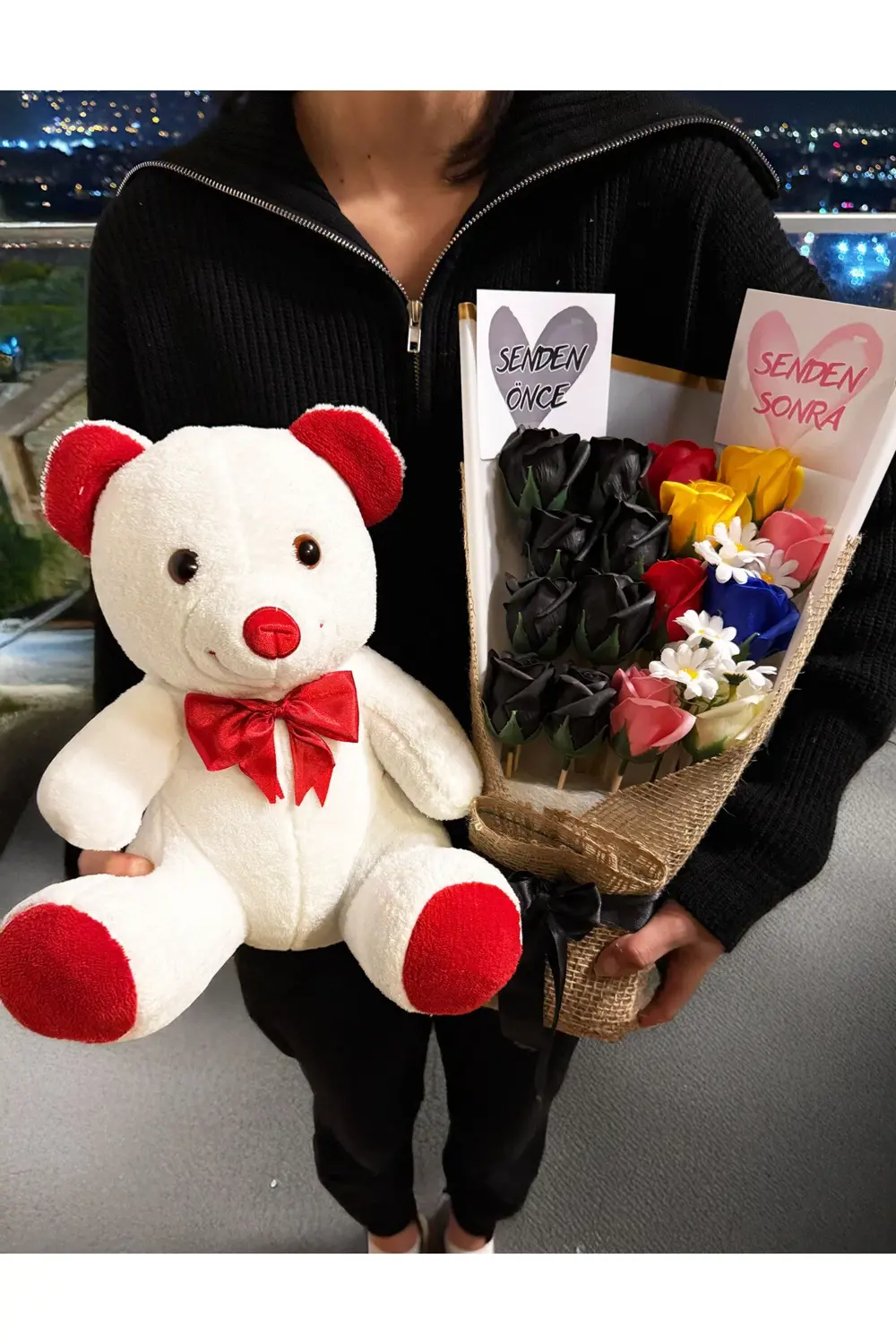 Sevgiliye Hediye 35cm Ayıcık ve Senden Önce Senden Sonra Buketi R