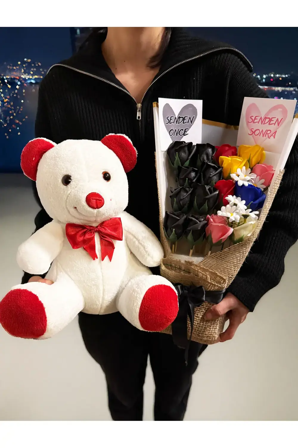 Sevgiliye Hediye 35cm Ayıcık ve Senden Önce Senden Sonra Buketi R