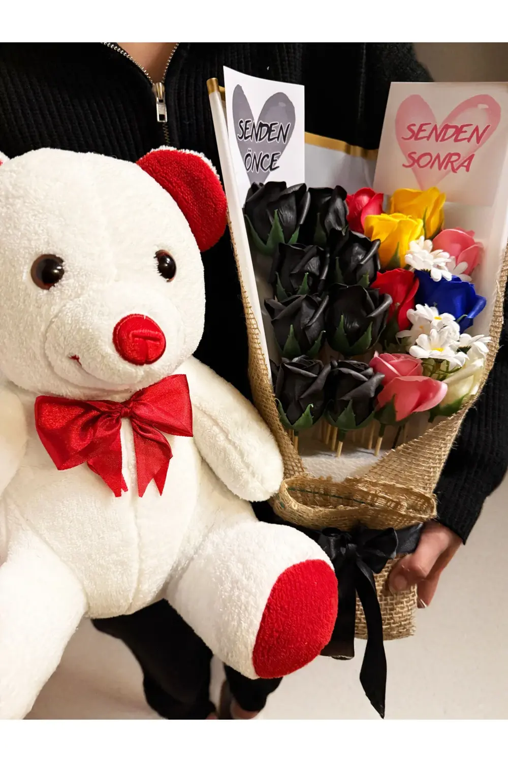 Sevgiliye Hediye 35cm Ayıcık ve Senden Önce Senden Sonra Buketi R