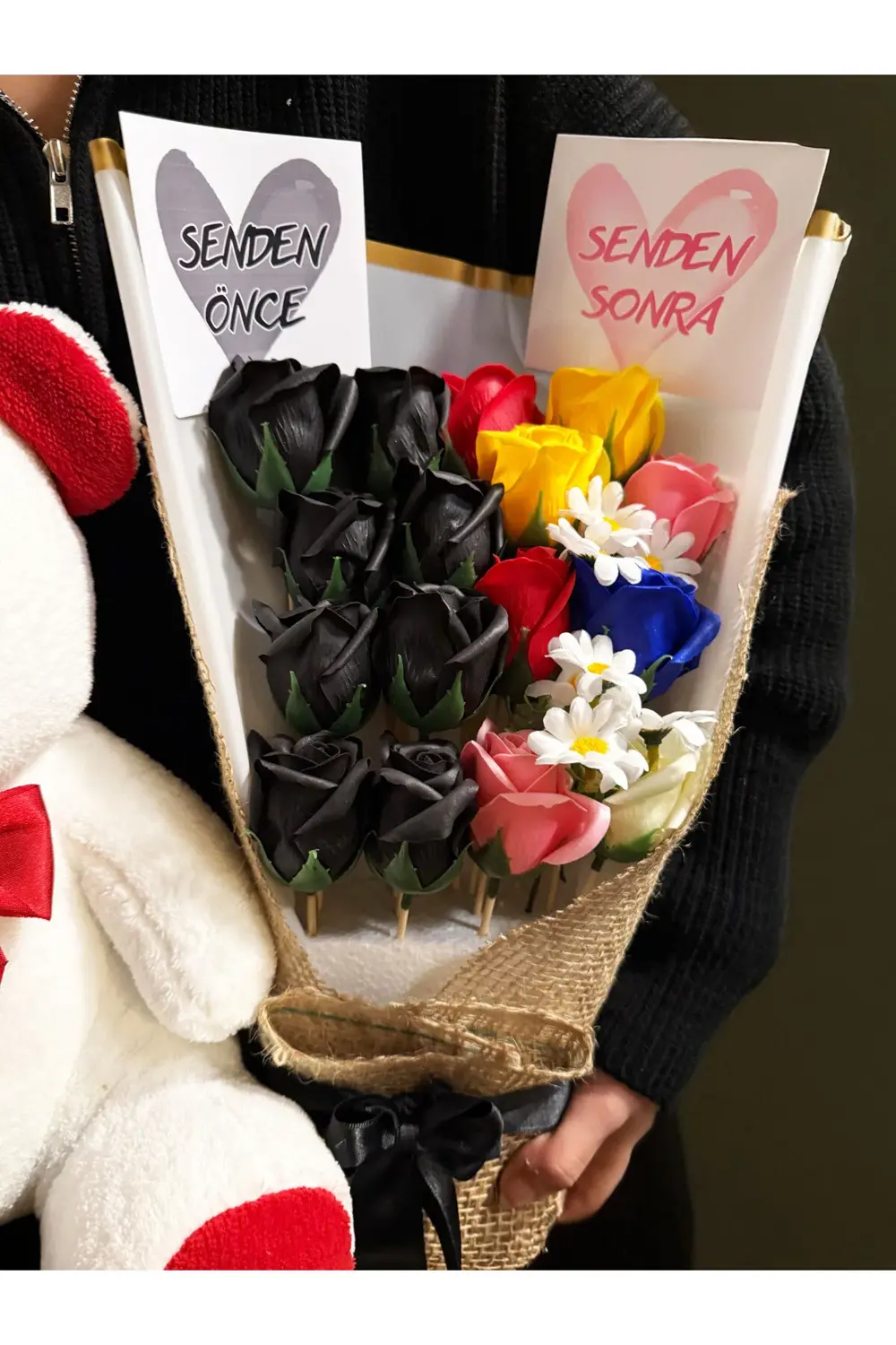 Sevgiliye Hediye 35cm Ayıcık ve Senden Önce Senden Sonra Buketi R