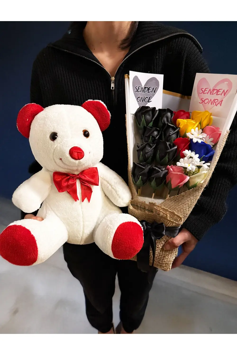 Sevgiliye Hediye 35cm Ayıcık ve Senden Önce Senden Sonra Buketi R