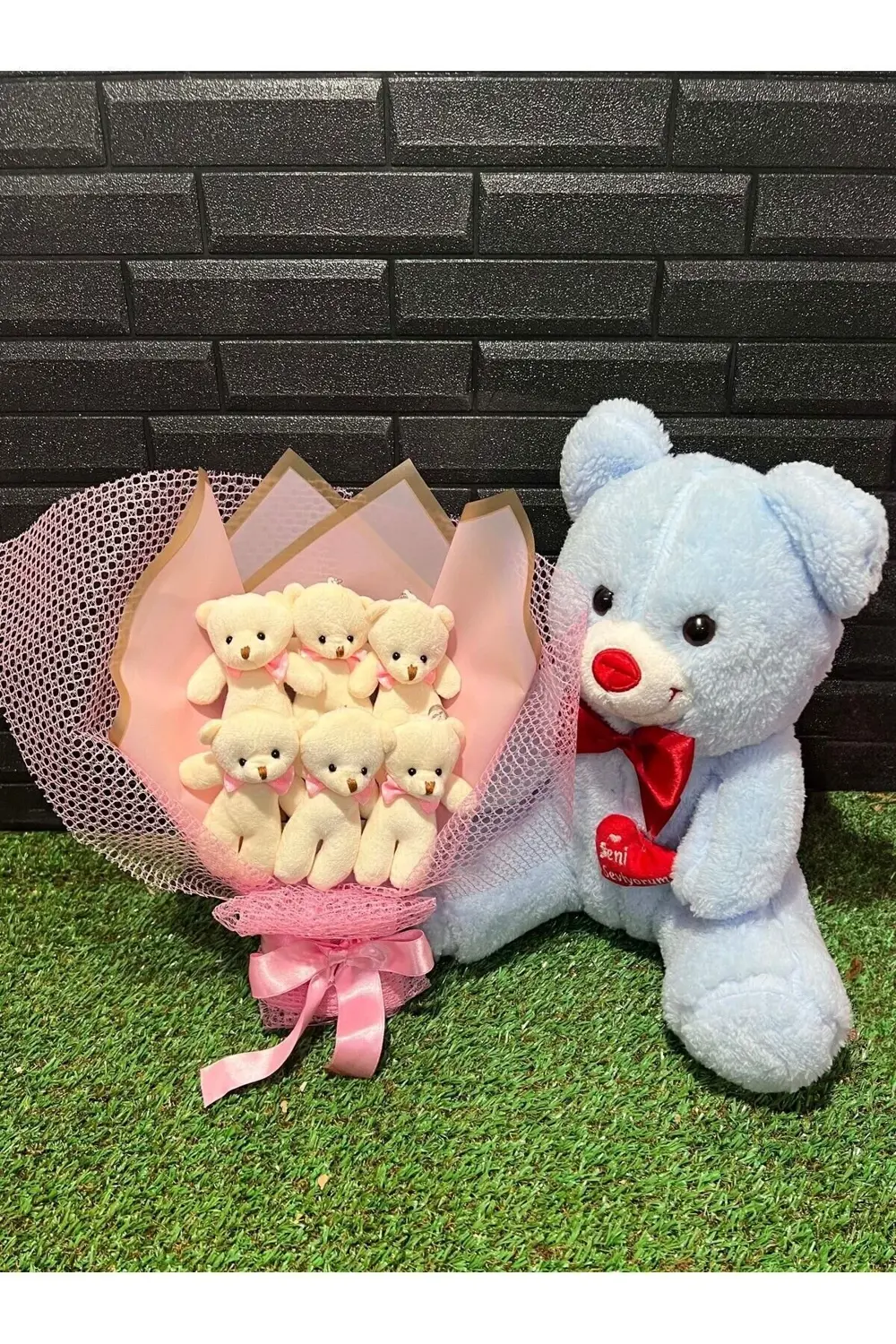 Sevgiliye Hediye 35cm Mavi Ayıcık ve 6lı Ayıcık Buketi - Romantik