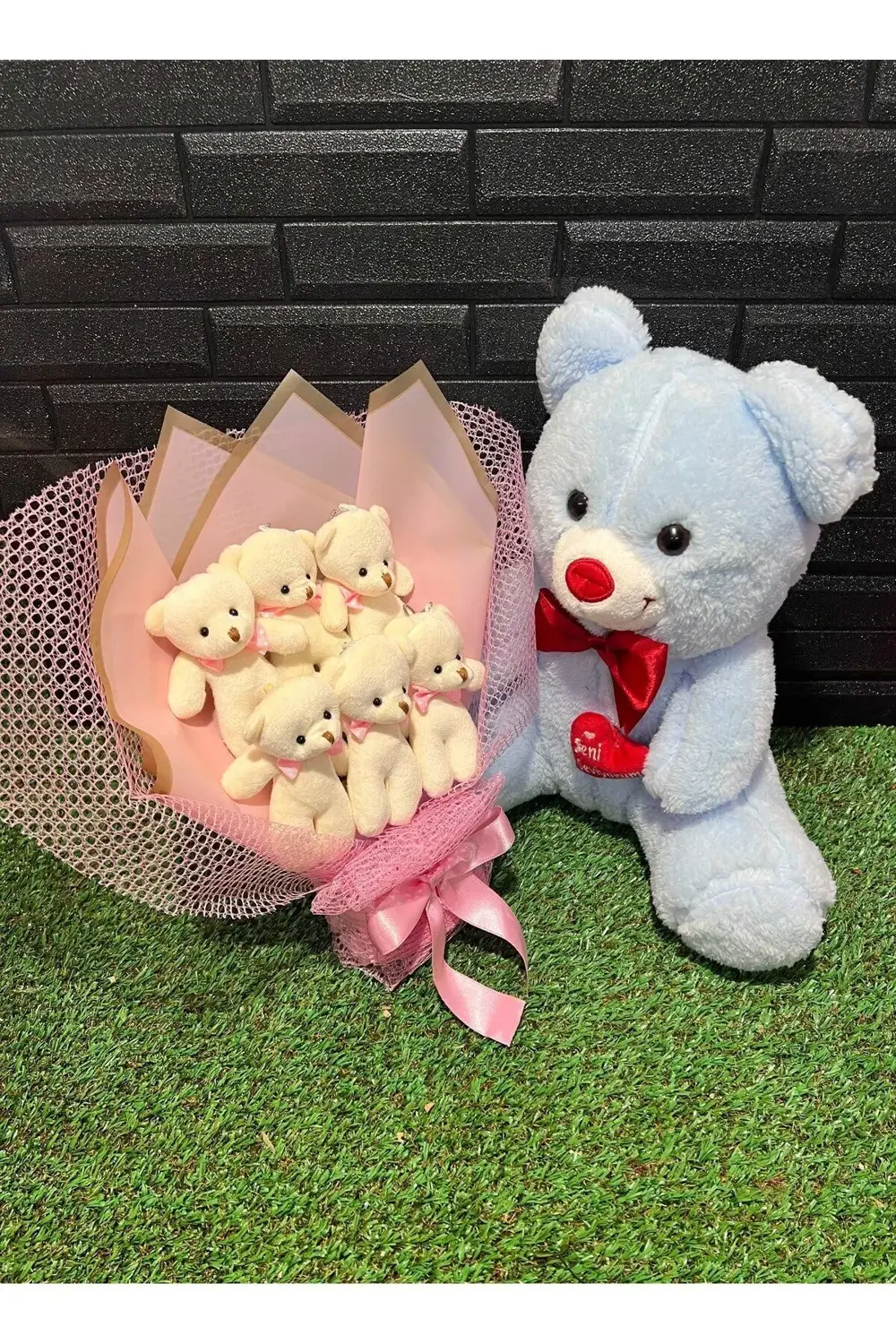 Sevgiliye Hediye 35cm Mavi Ayıcık ve 6lı Ayıcık Buketi - Romantik