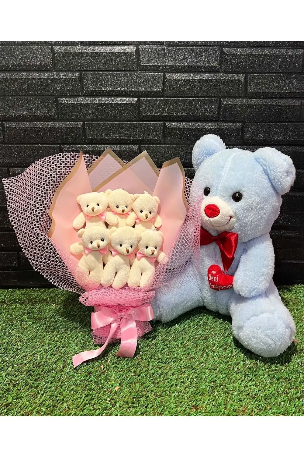 Sevgiliye Hediye 35cm Mavi Ayıcık ve 6lı Ayıcık Buketi - Romantik