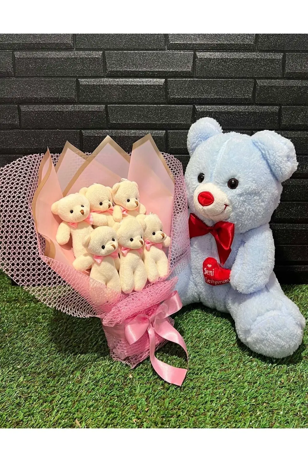 Sevgiliye Hediye 35cm Mavi Ayıcık ve 6lı Ayıcık Buketi - Romantik