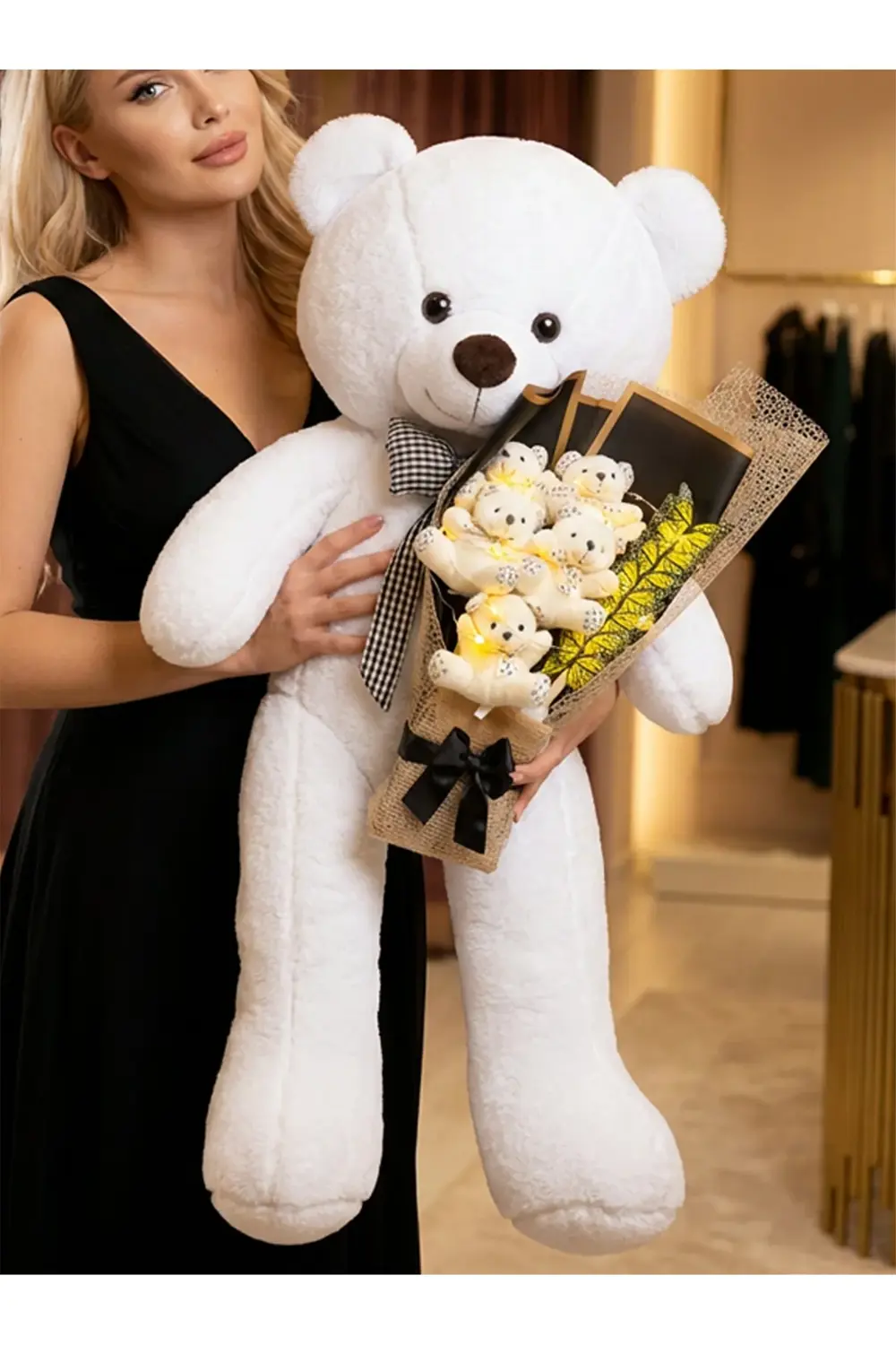 Sevgiliye Hediye 80cm Beyaz Ayıcık Ve Ledli Kelebekli Ayıcık Buke