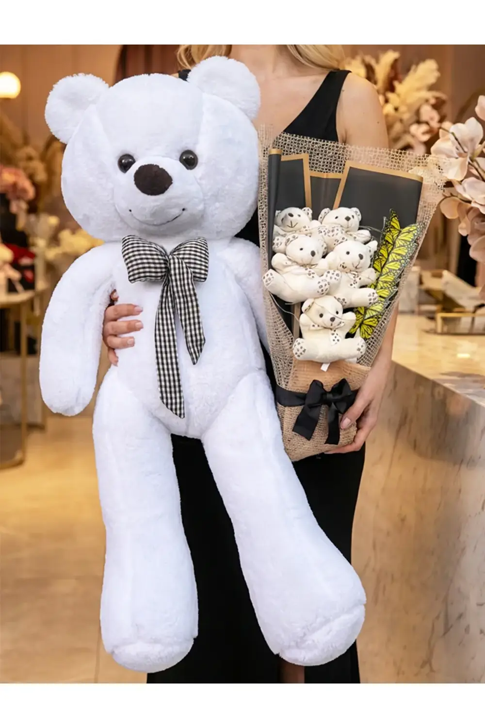 Sevgiliye Hediye 80cm Beyaz Ayıcık Ve Ledli Kelebekli Ayıcık Buke