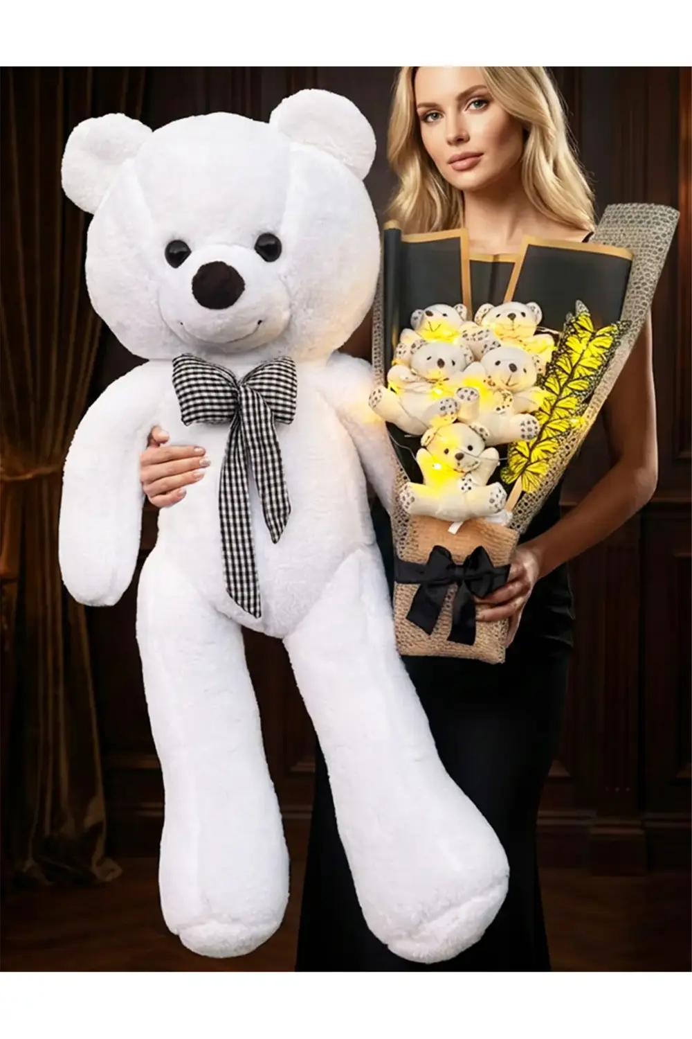 Sevgiliye Hediye 80cm Beyaz Ayıcık Ve Ledli Kelebekli Ayıcık Buke