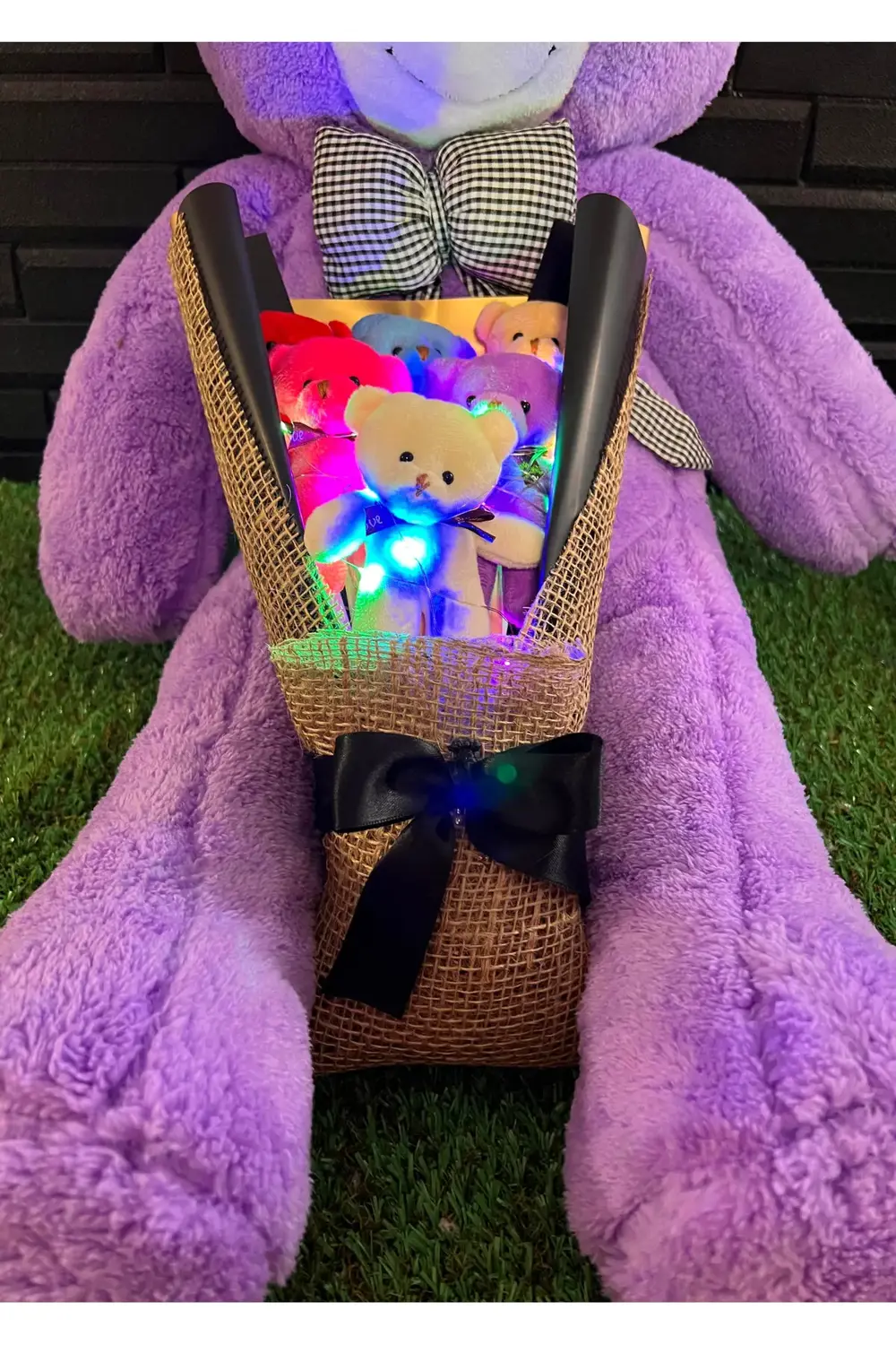 Sevgiliye Hediye 80cm Mor Ayıcık ve Renkli Ayıcıklı Renkli Işıklı
