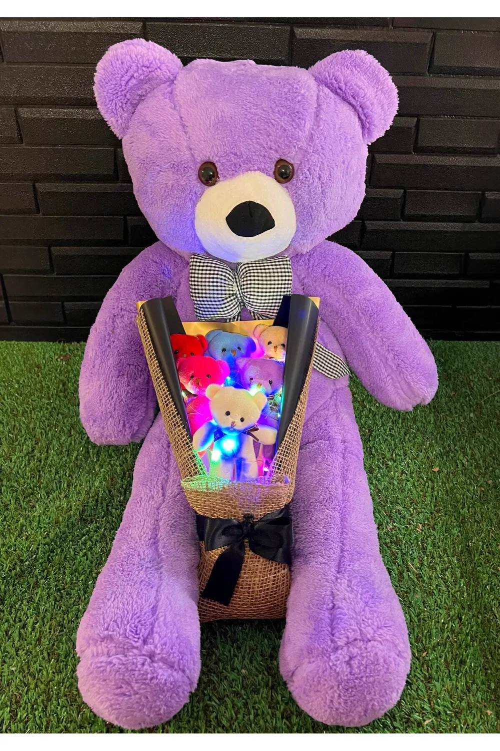 Sevgiliye Hediye 80cm Mor Ayıcık ve Renkli Ayıcıklı Renkli Işıklı