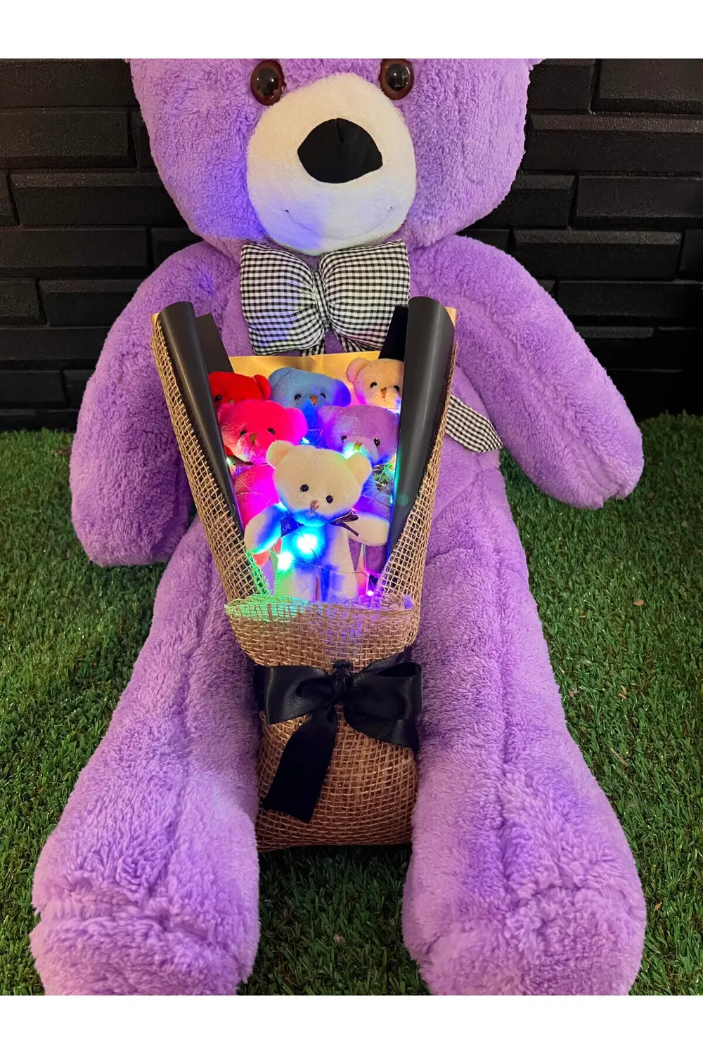 Sevgiliye Hediye 80cm Mor Ayıcık ve Renkli Ayıcıklı Renkli Işıklı