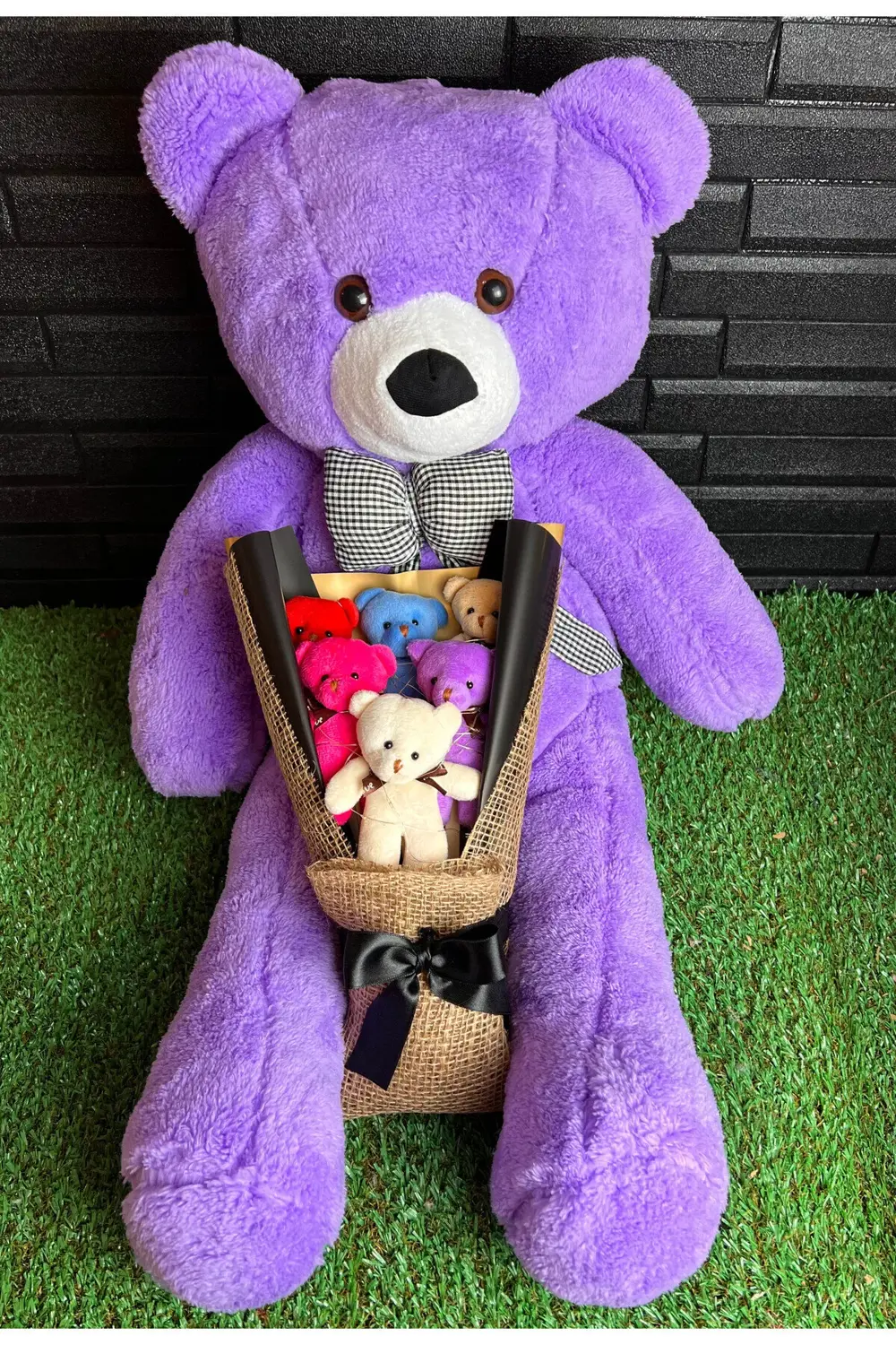 Sevgiliye Hediye 80cm Mor Ayıcık ve Renkli Ayıcıklı Renkli Işıklı