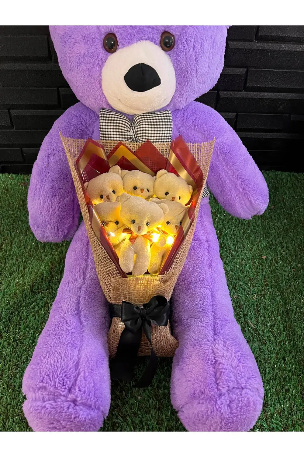 Sevgiliye Hediye 80cm Mor Ayıcık ve Sarı Işıklı Ayıcık Buketi - D