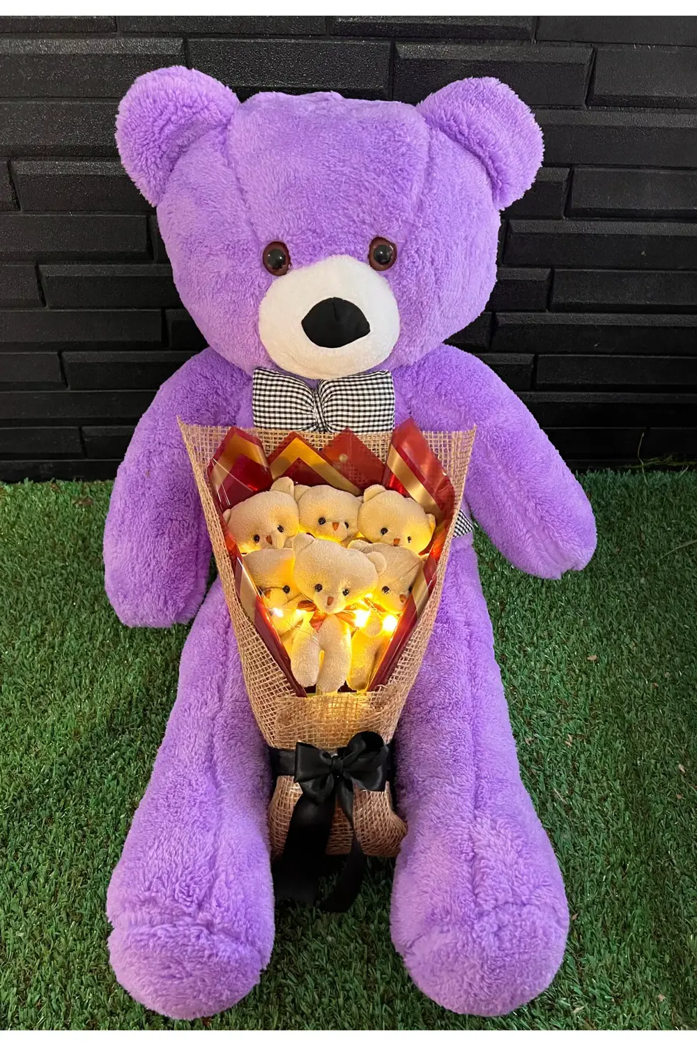 Sevgiliye Hediye 80cm Mor Ayıcık ve Sarı Işıklı Ayıcık Buketi - D