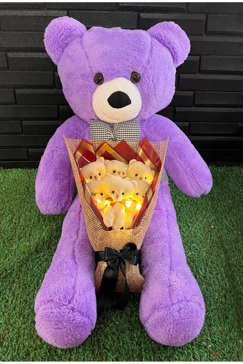 Sevgiliye Hediye 80cm Mor Ayıcık ve Sarı Işıklı Ayıcık Buketi - D